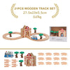 A set of 21 pieces of wooden track set including train cars and trees for building trains.