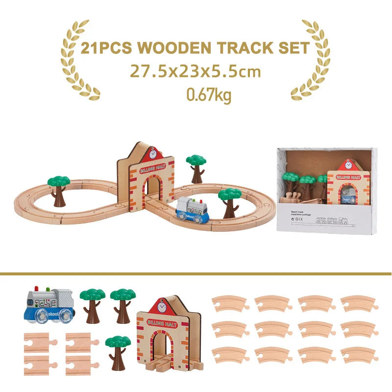A set of 21 pieces of wooden track set including train cars and trees for building trains.