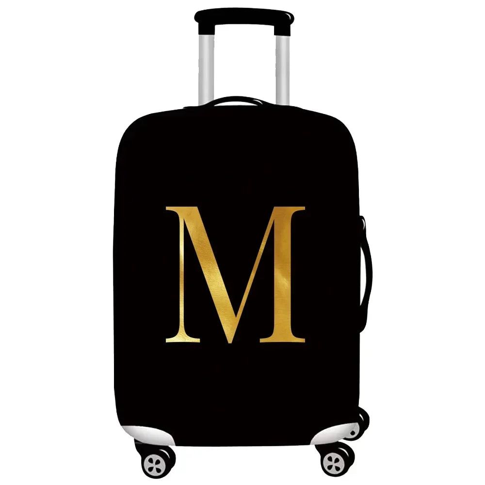 Black rolling suitcase with a gold letter M print on the side.