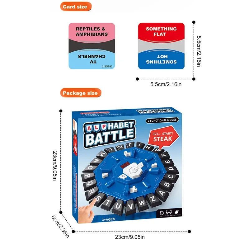 A box of an alphabet battle game featuring letters and a digital timer for family fun.