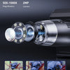 A digital microscope with multiple lenses showing magnified views of an insect, demonstrating 50x, 500x, and 1000x magnificat