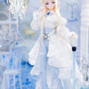 A Minty Feather Mist Poetry Series 1/6 BJD blind box doll with long blonde hair wearing a white and blue frilly dress.
