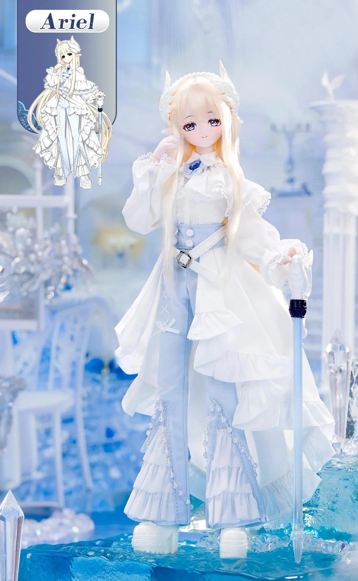 A Minty Feather Mist Poetry Series 1/6 BJD blind box doll with long blonde hair wearing a white and blue frilly dress.