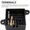 A black relay box containing 10 pieces of relay terminals and 12 pieces of fuse terminals.