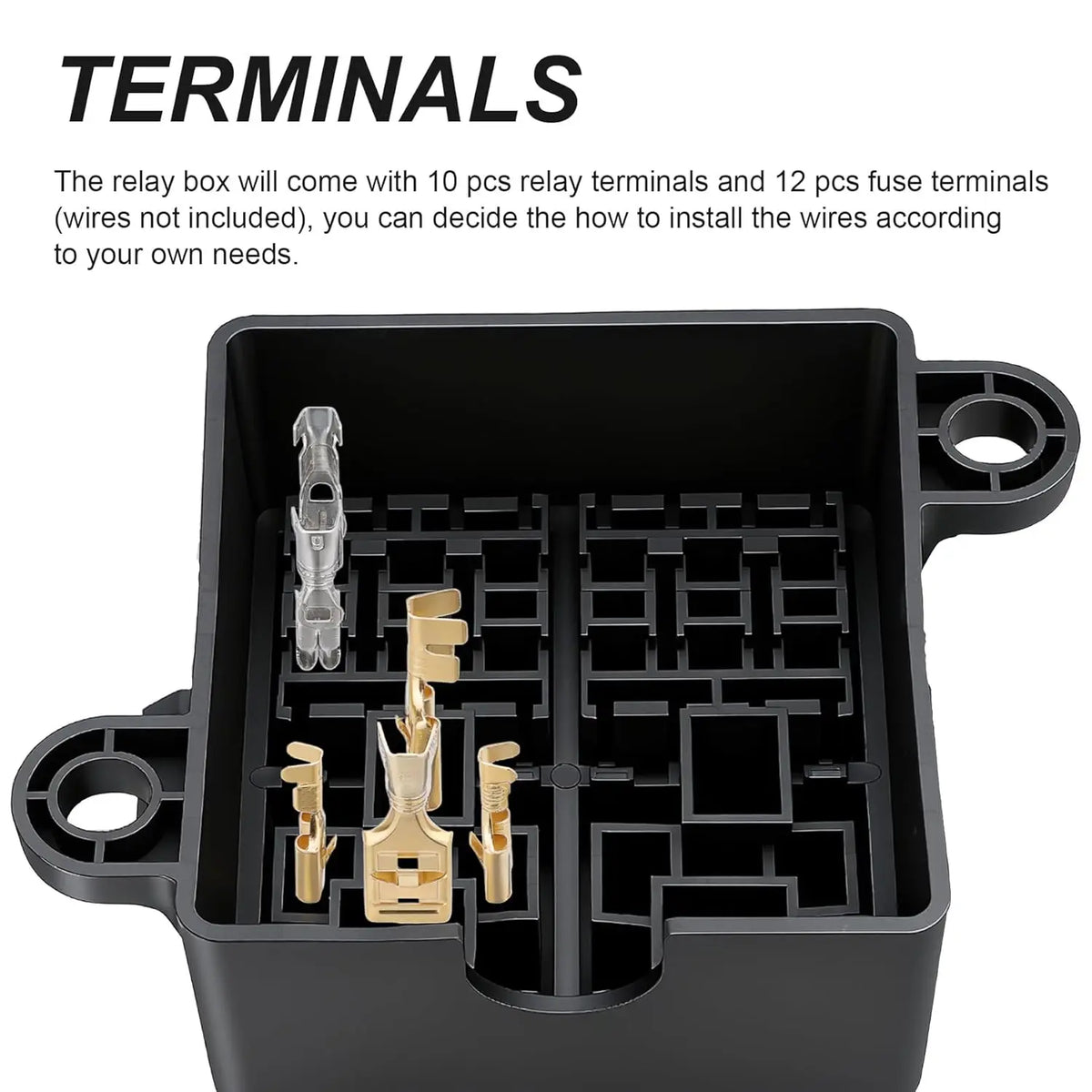 A black relay box containing 10 pieces of relay terminals and 12 pieces of fuse terminals.