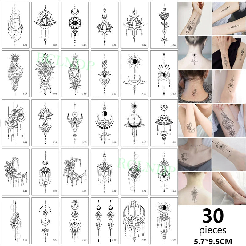 Colección de 30 diseños de tatuajes temporales con motivos de luna, estrella, diablo y flor.