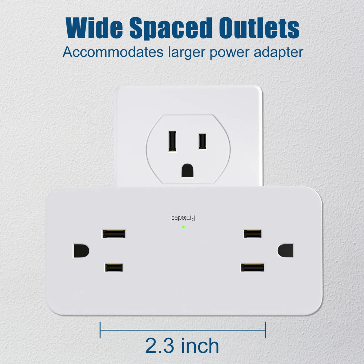 White wide-spaced power outlet with eight protected sockets and a 2.3 inch dimension shown against a light background.