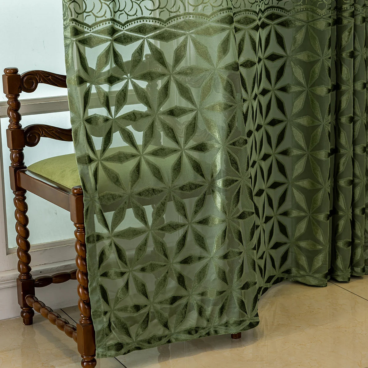 Olive Green Sheer Curtain with Geometric Floral Pattern