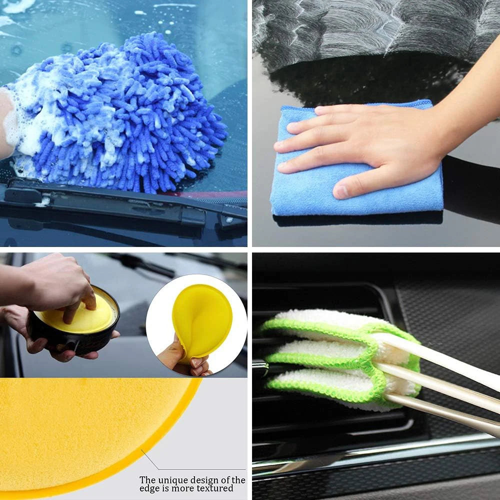A drill brush cleaning kit with blue and yellow brushes used for home and auto detailing.
