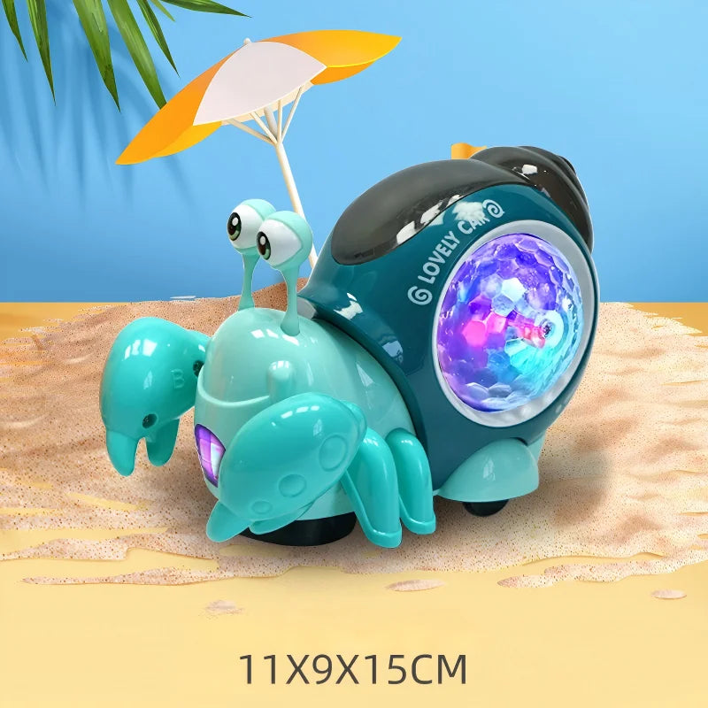 A teal crawling crab toy with glowing purple lights is shown on a sandy surface next to an orange umbrella.