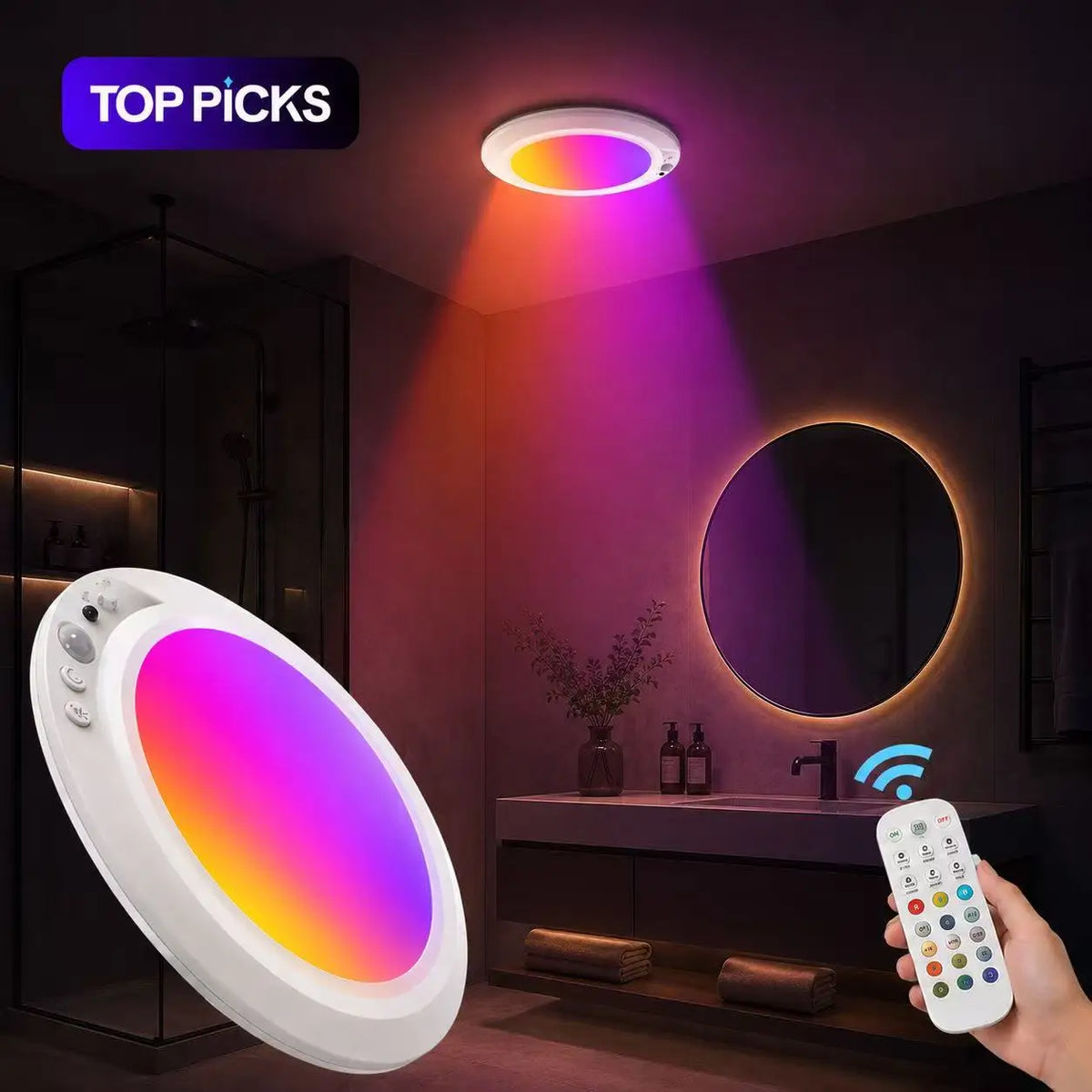 A white motion sensor ceiling light illuminates a room, with a circular light fixture and a large mirror visible.