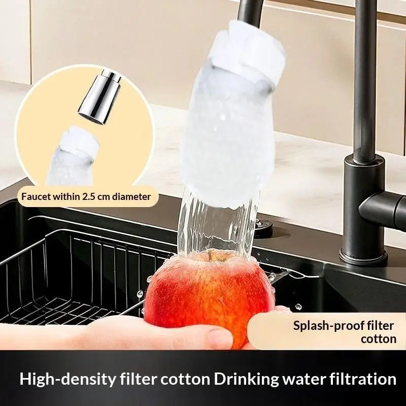 A hand holds a red apple under a faucet filter bag demonstrating drinking water filtration.