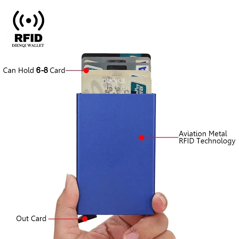 A blue slim metal RFID blocking card holder is shown with a card inserted and an out card visible.