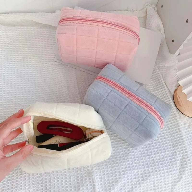 Soft Plush Cosmetic Bag with Zipper Closure