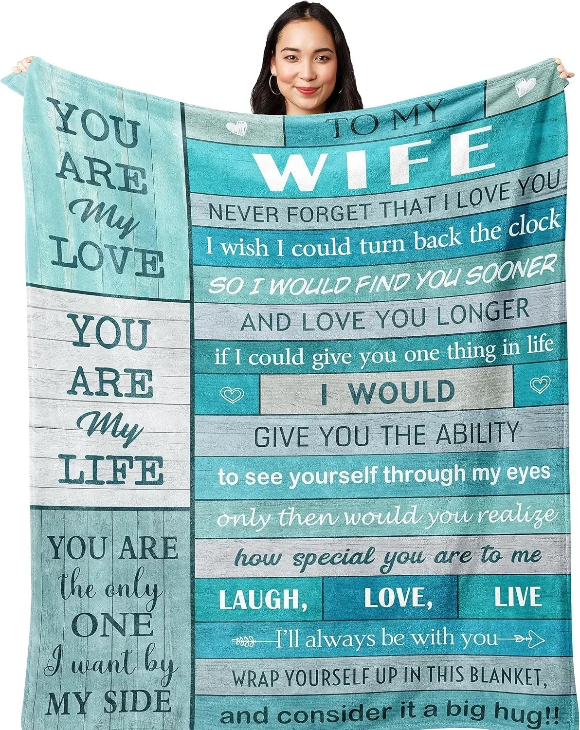 A blue fleece throw blanket with white text that says You are my love you are my life you are the only one I want by my side 