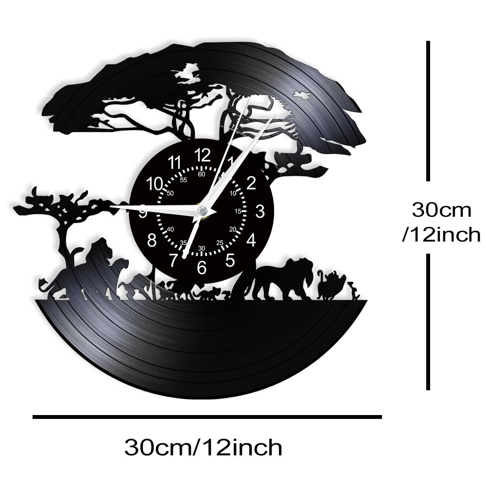 African Safari Cartoon Lion Vinyl Record Wall Clock – Silent Non-Ticking, 12-Inch Decor for Kids' Rooms and Playrooms