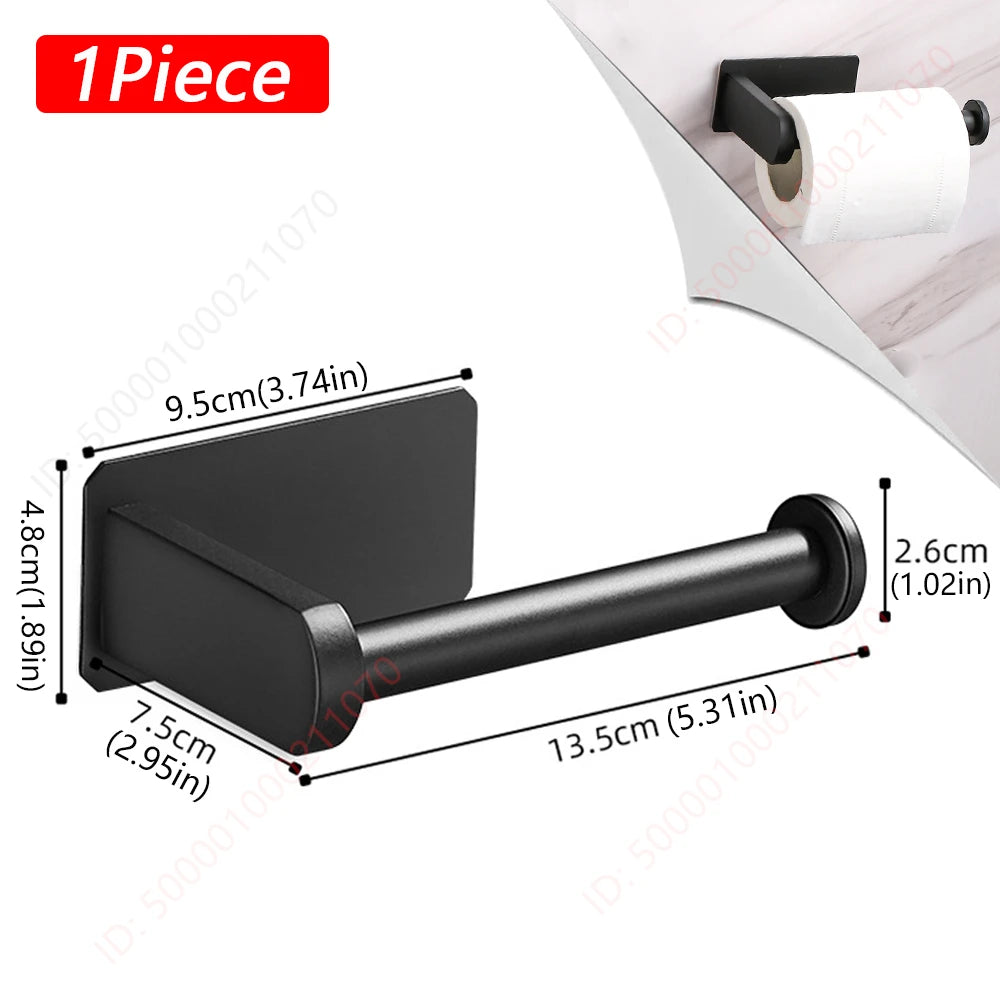 A black adhesive stainless steel toilet paper rack with a 9.5cm bar and mounting bracket.