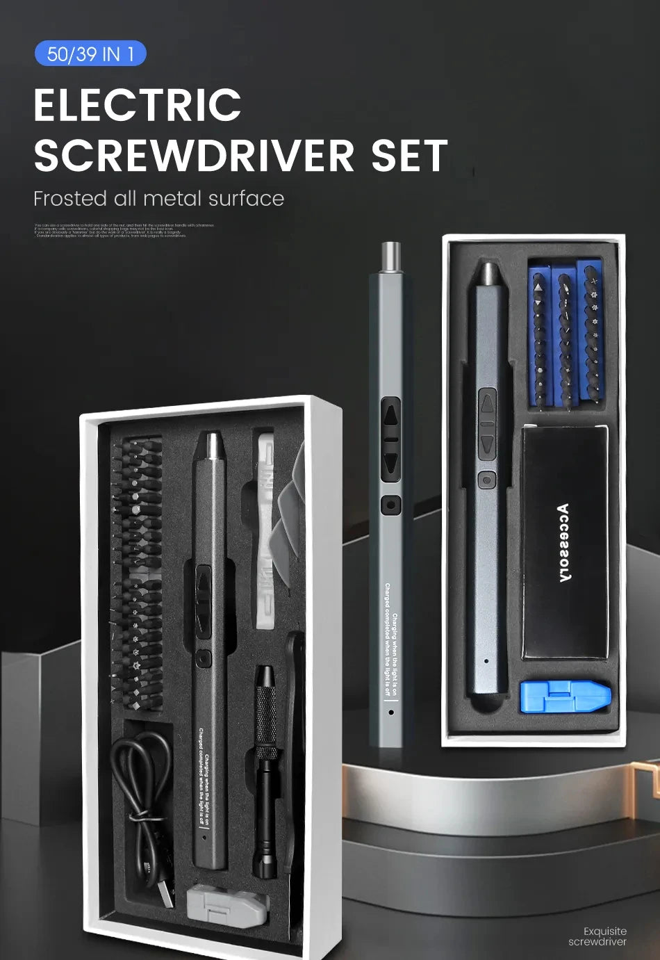 A set of electric screwdrivers with various bits and a magnetic screwdriver housed in a white case.