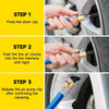 Three steps showing how to use a solid brass lock-on air chuck set for tires.