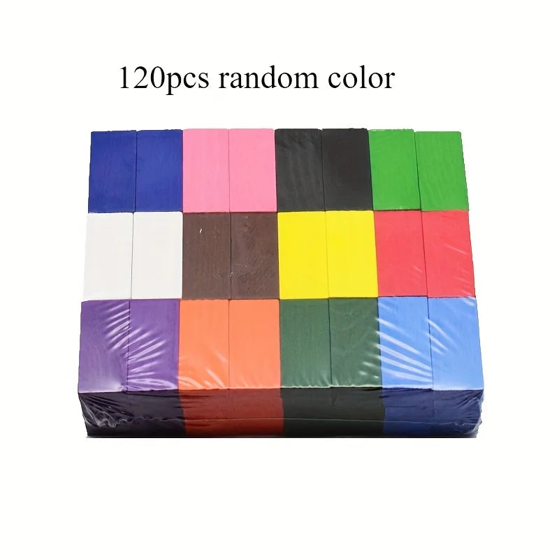 A rectangular set of 120 random color wooden domino building blocks arranged in a grid.