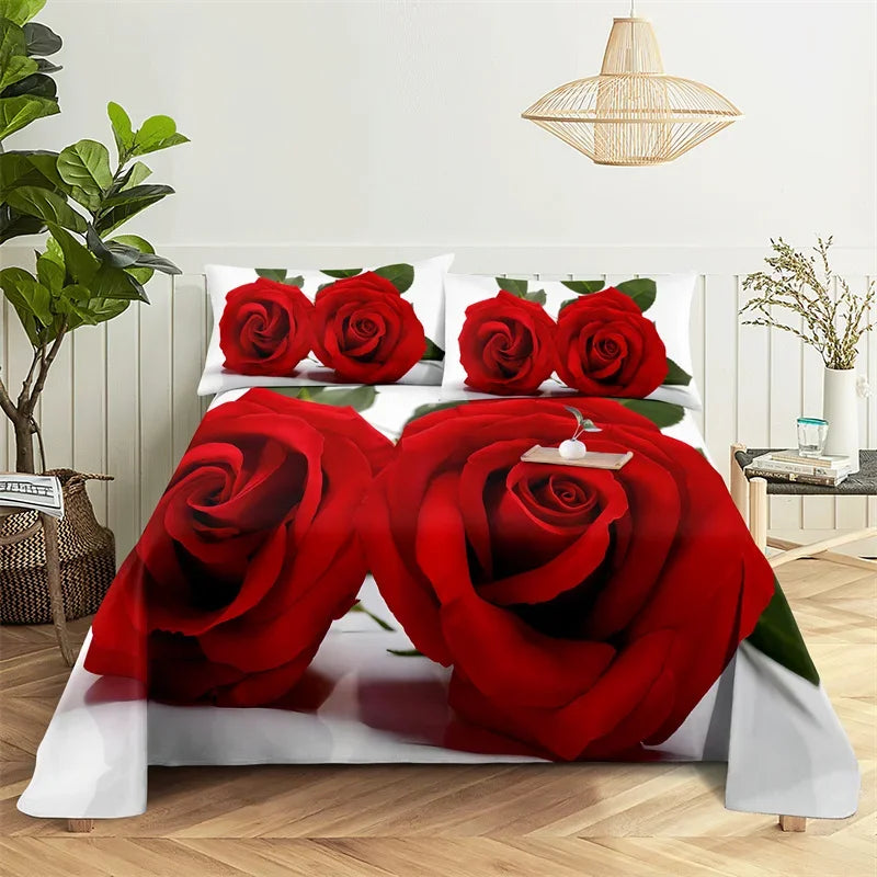 Red rose 3D digital print bedding set featuring large red roses on a white background