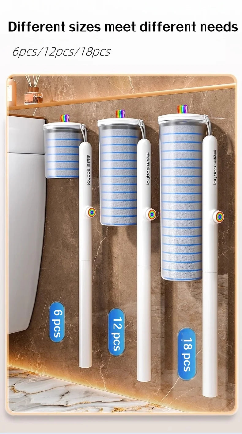 Various sizes of disposable toilet brush kits with wall-mounted holders shown in a display tray.