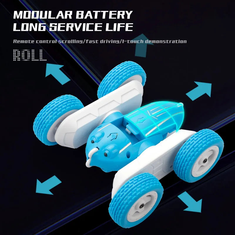 A blue and white modular battery long service life remote control stunt car with large wheels.