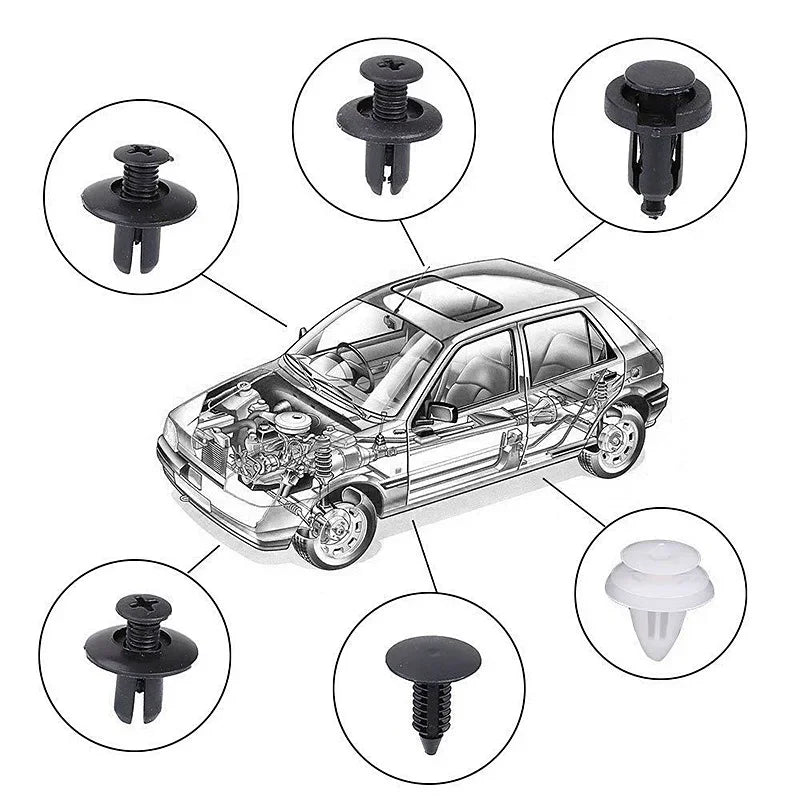 Assortment of auto trim clips and a fastener remover tool for vehicle maintenance