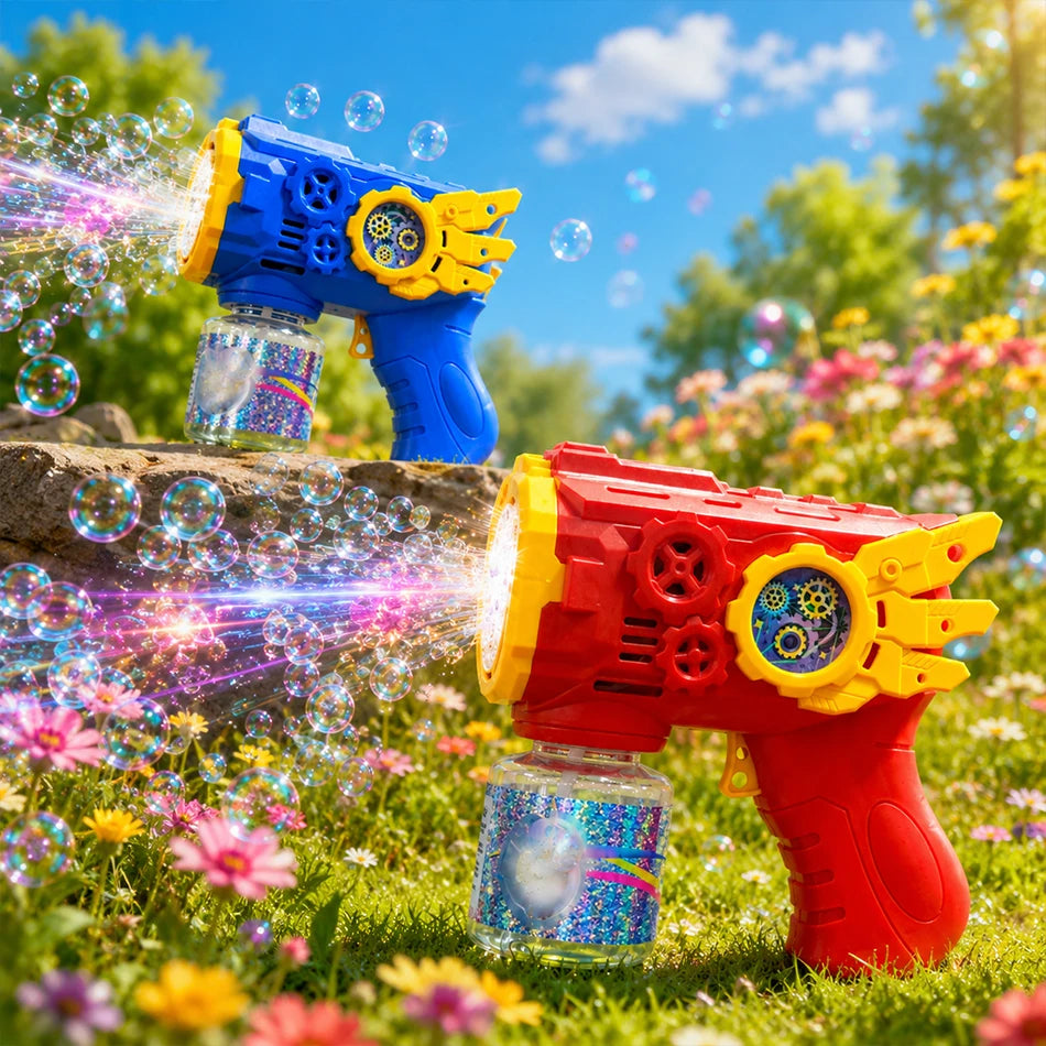 Zwei automatische Seifenblasenpistolen, eine blau und eine rot, blasen in einer sonnigen Gartenumgebung abfeuern.