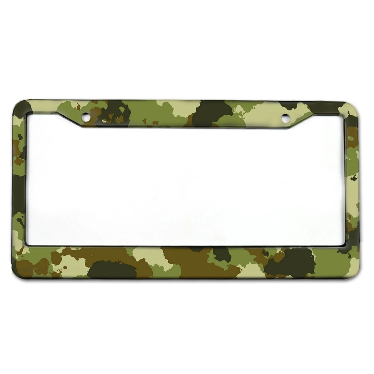 A rectangular license plate frame with a camouflage pattern, designed to hold a car tag.