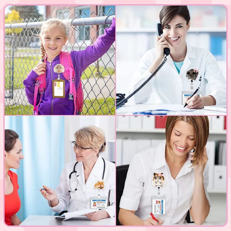 A woman in a lab coat is shown working at a desk, and a young girl is pictured outdoors.