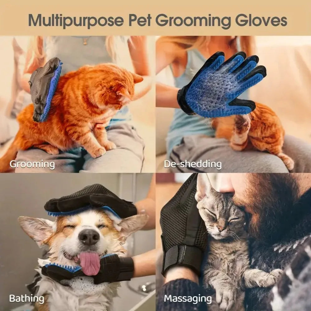A collection of multipurpose pet grooming gloves used for grooming, de-shedding, bathing, and massaging cats and dogs.