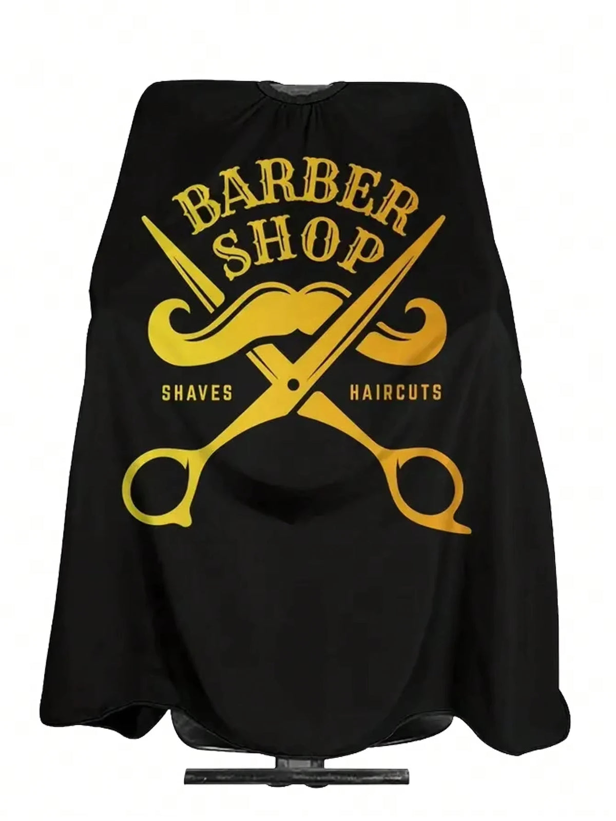 Black waterproof hair cutting cape featuring a yellow barber shop design with a mustache and crossed scissors.