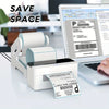 A white 2-in-1 thermal label holder is shown next to a laptop, with a fan-folded label in front of it.