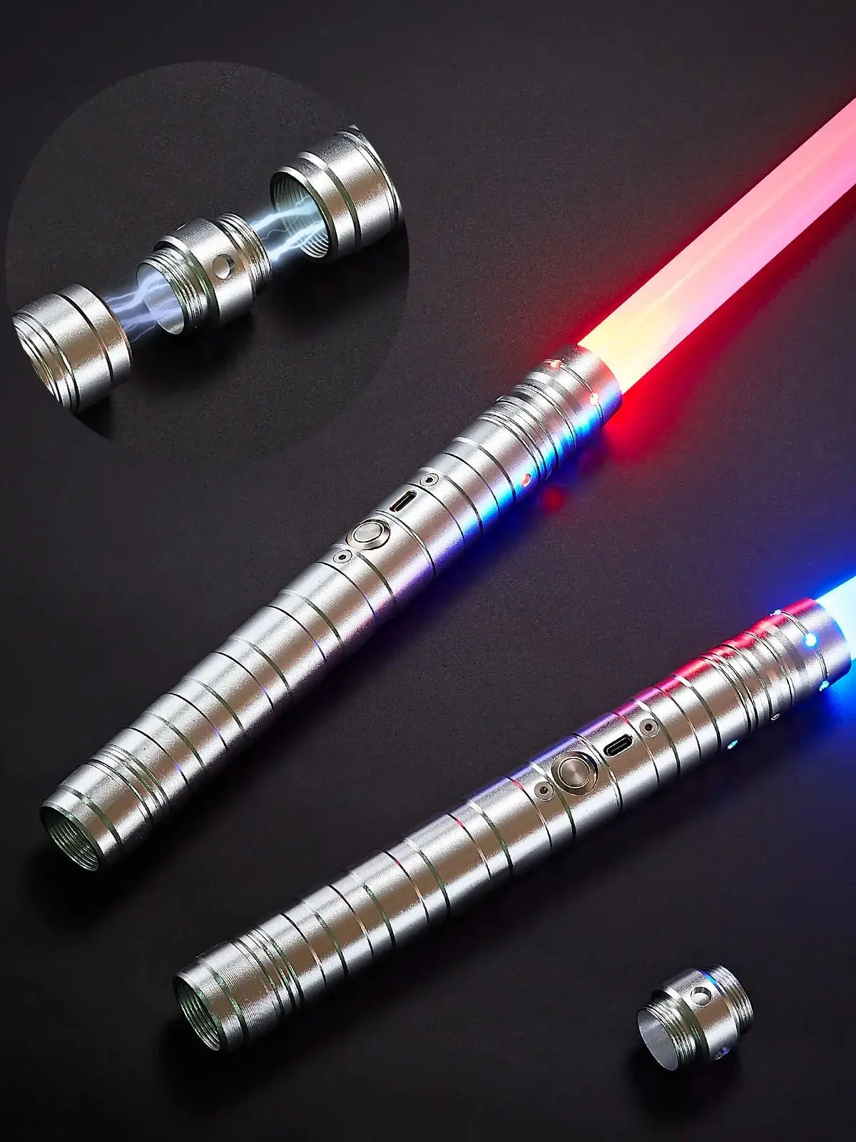 A silver metal lightsaber with a glowing pink and blue blade is shown against a dark background.