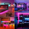 Interior design showcase featuring various rooms like bedroom, living room, kitchen, and game room illuminated by smart LED s