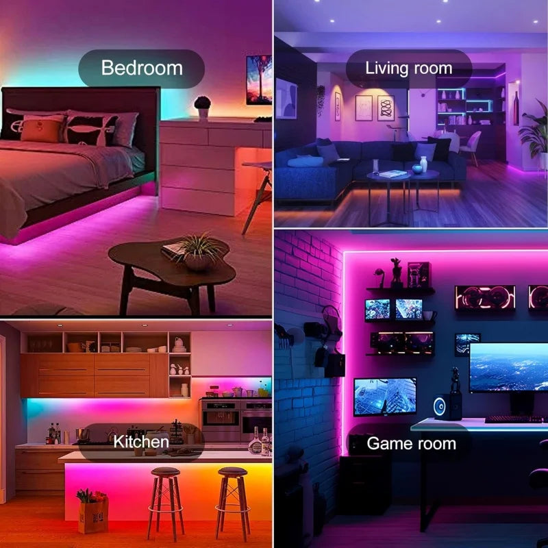 Interior design showcase featuring various rooms like bedroom, living room, kitchen, and game room illuminated by smart LED s