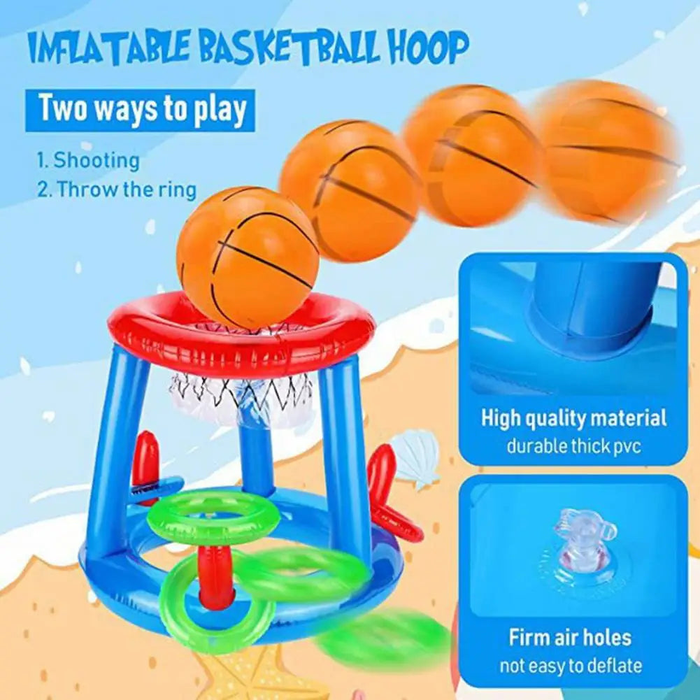 An inflatable basketball hoop with a net and various colored rings is shown, demonstrating two ways to play.