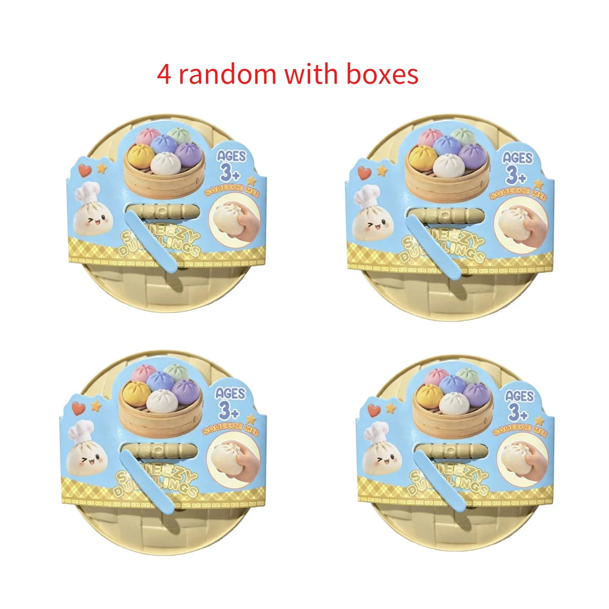 Four random glitter dumpling squishy stress relief toys packaged in boxes
