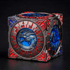A premium metal spinner dice cube for D&D featuring red and blue accents and a central blue dragon design.