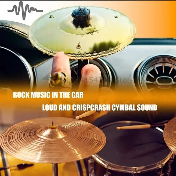 A close-up of a car vent accessory featuring a large, translucent dome and a brass cymbal drum.