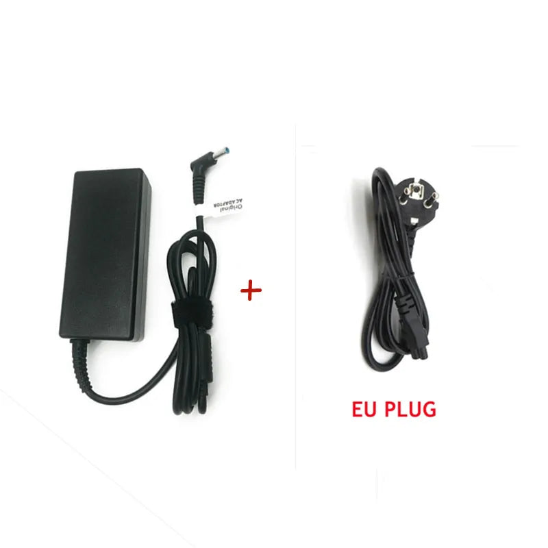 Schwarzes universelles Laptop-Netzteil mit Stecker und Kabel zum Aufladen.