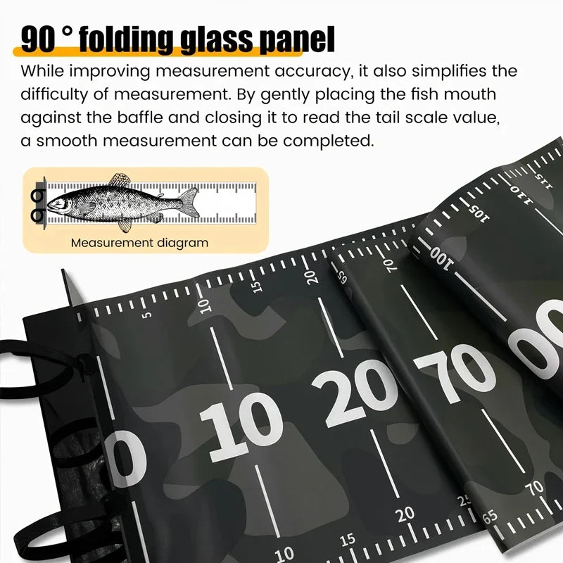 A close-up diagram showing a 90 degree folding glass panel used for simplified measurement of fish tail scales.