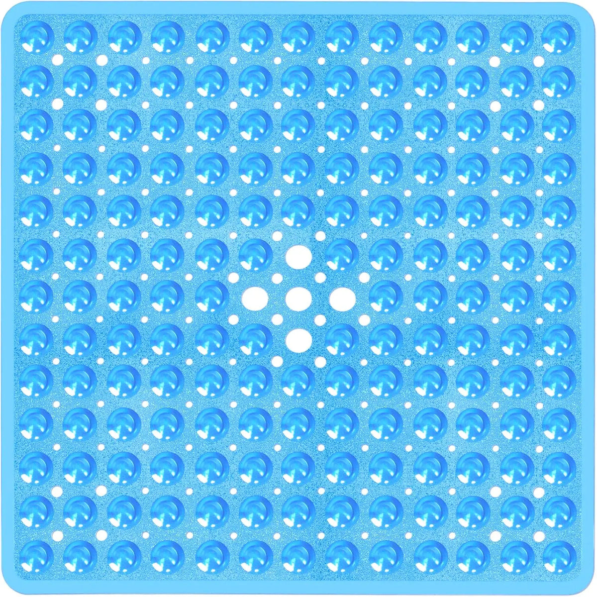 A blue non-slip shower mat with white suction cups for bathtub and bathroom floors.