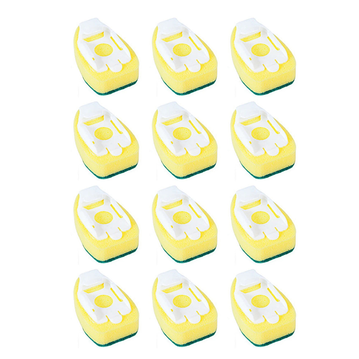A set of ten yellow dish wand soap dispensing brush heads with white sponge inserts.