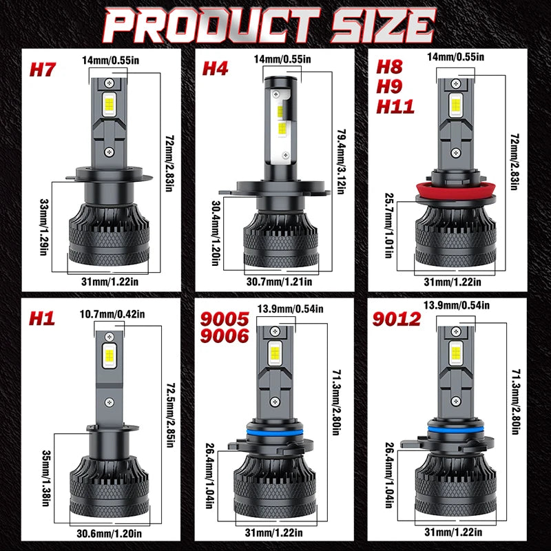 Various sizes of high-performance LED headlight bulbs labeled H7, H4, H8, H9, H11, H1, 9005, and 9012.