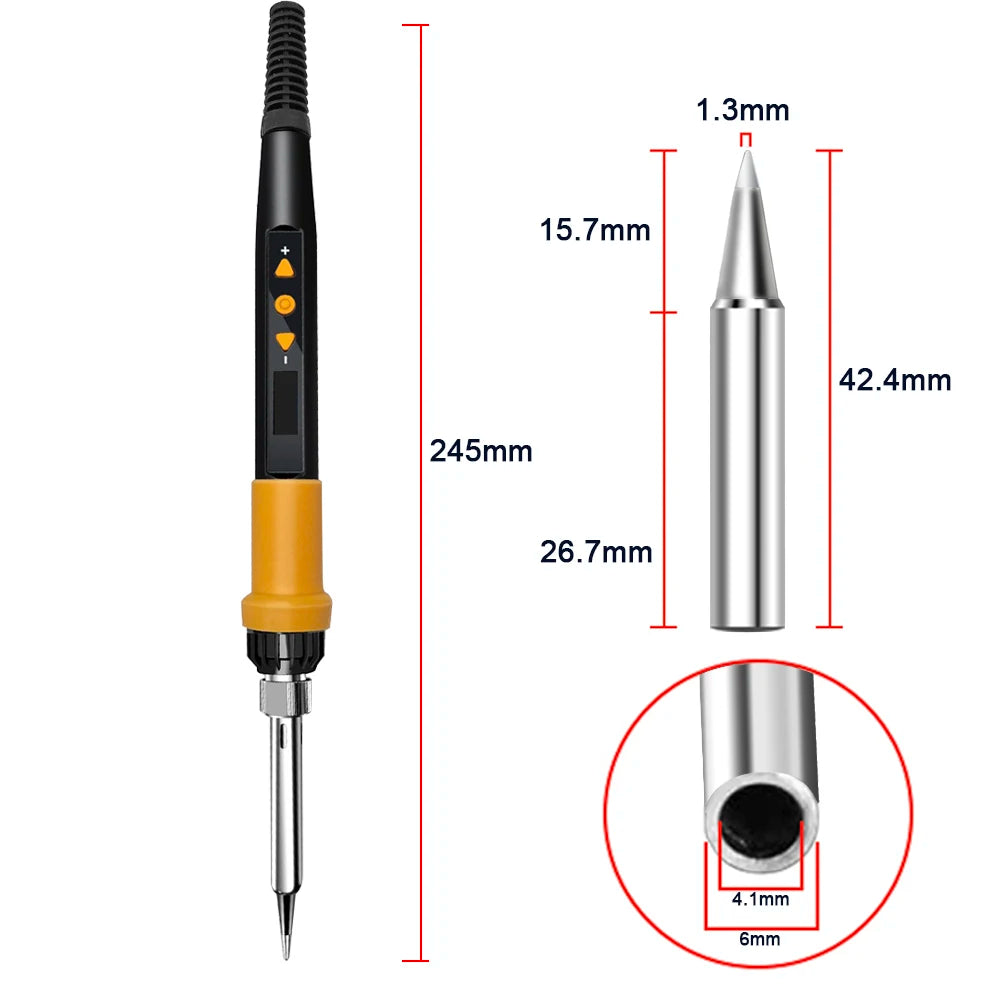 A long soldering iron with a black and yellow body, silver tip, and digital display, shown with various dimension measurement
