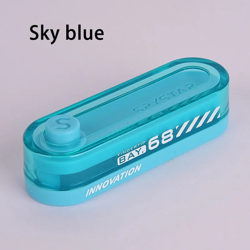 A sky blue metal fidget slider with a silicone cap and magnetic core.