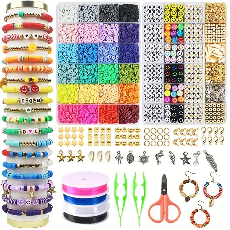 A collection of colorful polymer clay beads and letters for DIY jewelry making kits.