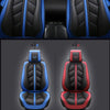 Three styles of universal waterproof PU leather car seat covers shown in blue, red, and black.